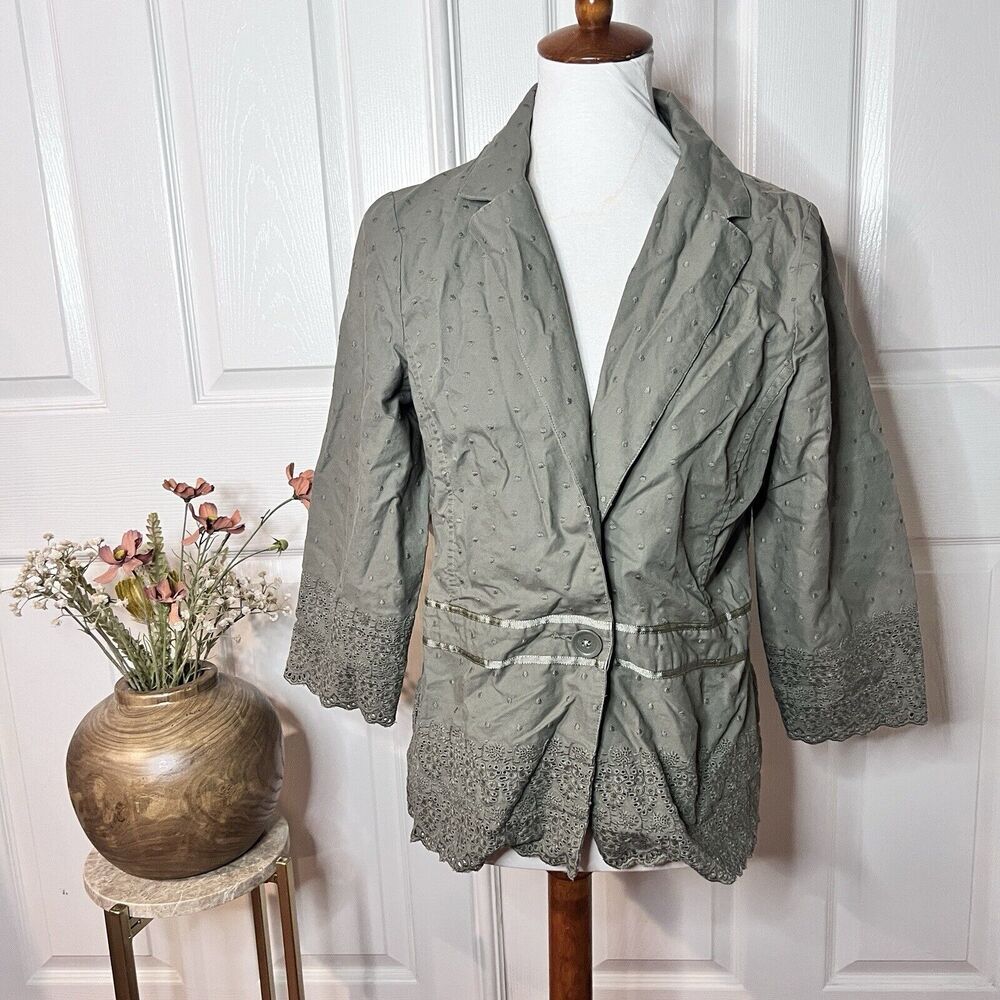 Old Navy Womens‎ Olive Green Embroidered Blazer Coat Size L Cottagecore Demure